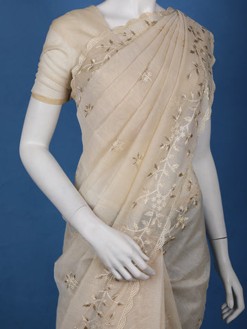 Beige Floral Embroidered Tissue Saree with Golden Scalloped Border - Diadem
