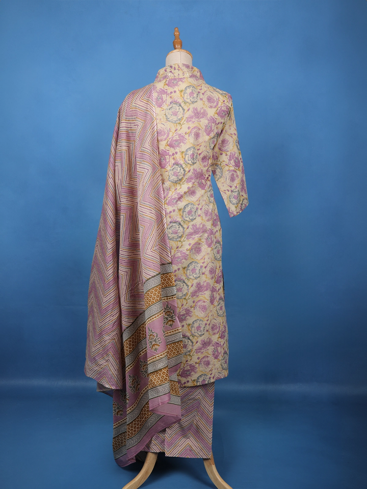Beige Floral Printed Cotton Salwar Suit - Diadem