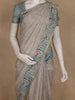 Beige Floral Printed Cotton Saree with Teal Striped Border