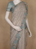 Beige Floral Printed Cotton Saree with Teal Striped Border