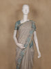 Beige Floral Printed Cotton Saree with Teal Striped Border