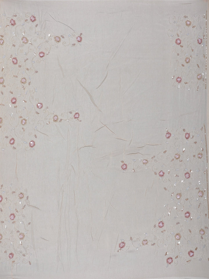 Beige Floral Sequin Designed Net Saree - Diadem