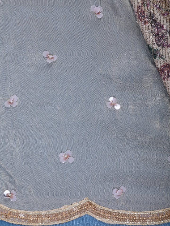Beige Floral Sequin Designed Net Saree - Diadem