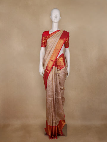 Beige Floral Woven Pure Kanchipuram Silk Saree - Diadem