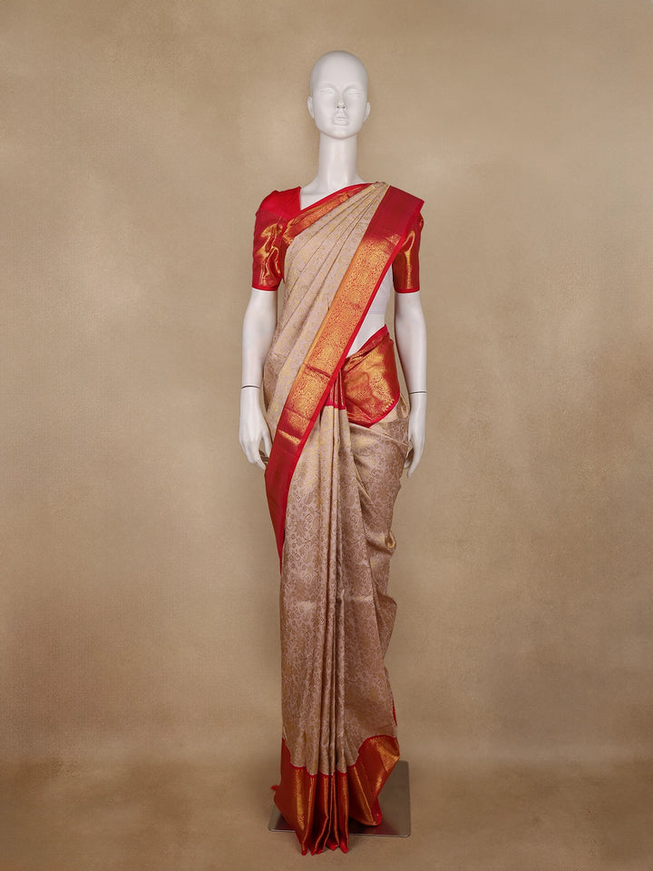 Beige Floral Woven Pure Kanchipuram Silk Saree - Diadem