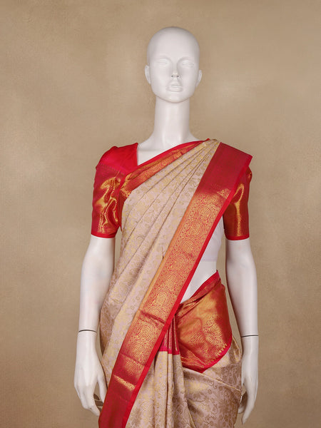 Beige Floral Woven Pure Kanchipuram Silk Saree - Diadem