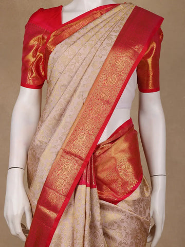 Beige Floral Woven Pure Kanchipuram Silk Saree - Diadem