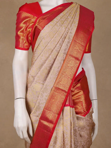 Beige Floral Woven Pure Kanchipuram Silk Saree - Diadem