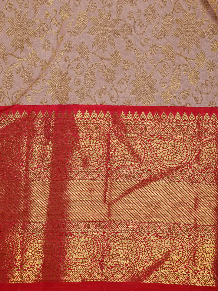 Beige Floral Woven Pure Kanchipuram Silk Saree - Diadem