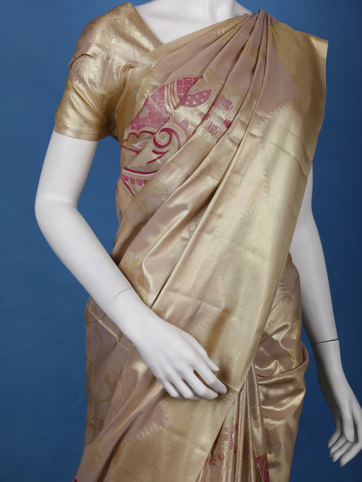Beige Gold floral Design Tissue Saree - Diadem