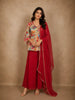 Beige Multicolor Floral Printed Crepe Peplum Top with Red Palazzo and Dupatta