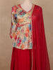 Beige Multicolor Floral Printed Crepe Peplum Top with Red Palazzo and Dupatta