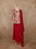 Beige Multicolor Floral Printed Crepe Peplum Top with Red Palazzo and Dupatta