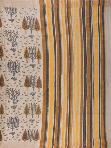 Beige Multicolor Tree Motif Printed Tussar Silk Saree - Diadem