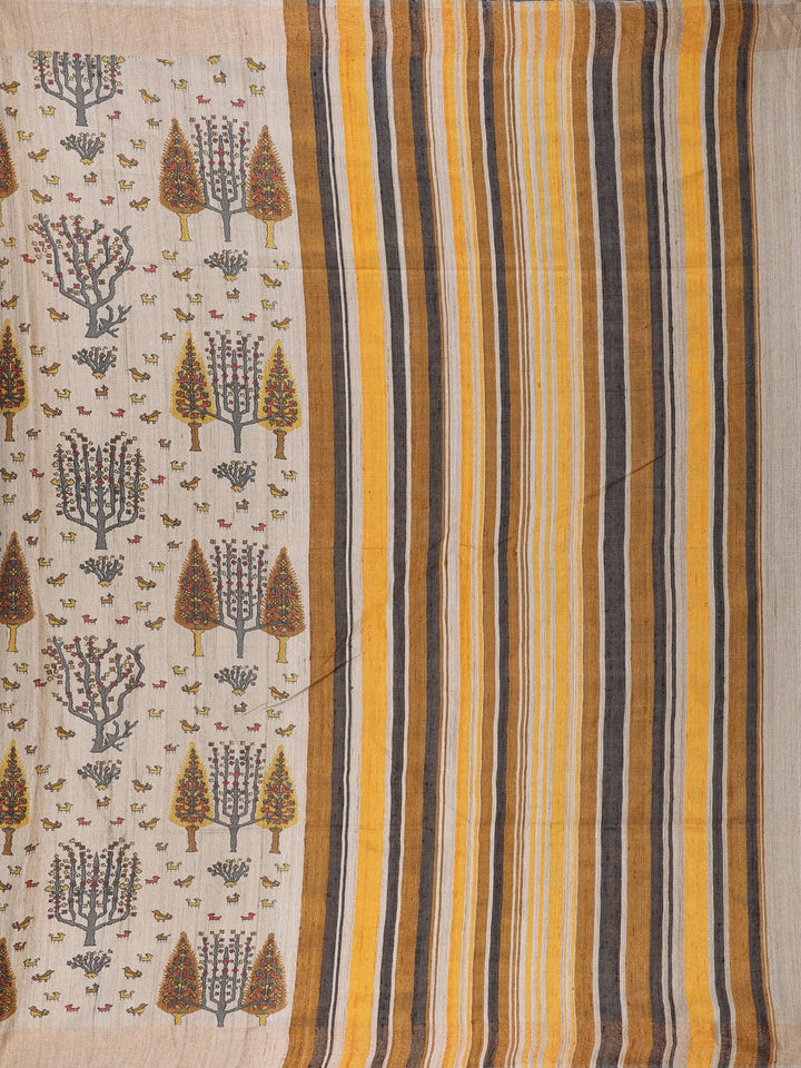 Beige Multicolor Tree Motif Printed Tussar Silk Saree - Diadem