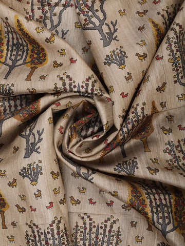 Beige Multicolor Tree Motif Printed Tussar Silk Saree - Diadem