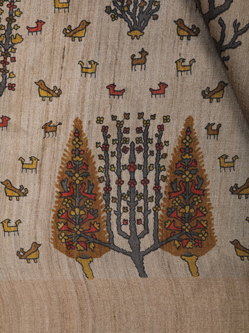 Beige Multicolor Tree Motif Printed Tussar Silk Saree - Diadem