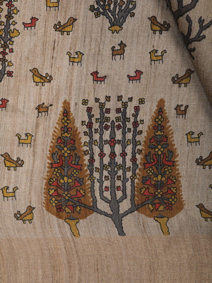 Beige Multicolor Tree Motif Printed Tussar Silk Saree - Diadem