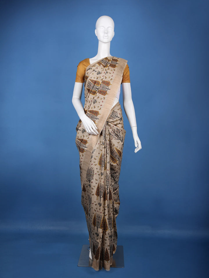 Beige Multicolor Tree Motif Printed Tussar Silk Saree - Diadem