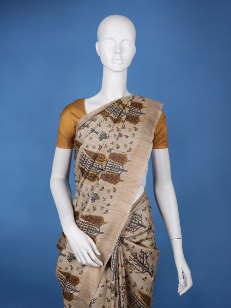 Beige Multicolor Tree Motif Printed Tussar Silk Saree - Diadem