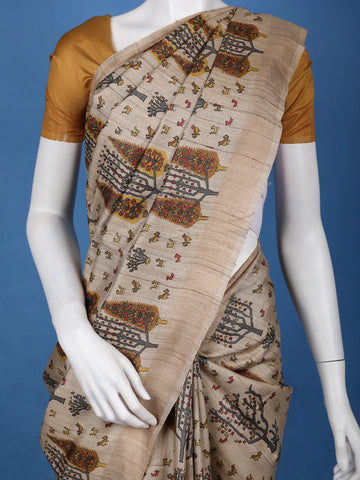 Beige Multicolor Tree Motif Printed Tussar Silk Saree - Diadem