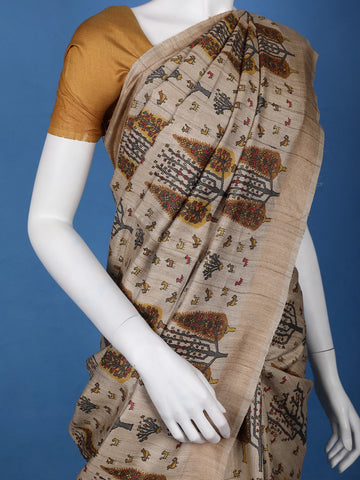Beige Multicolor Tree Motif Printed Tussar Silk Saree - Diadem