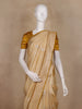 Beige Stripes Woven Semi Banarasi Saree with Gold Border