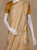 Beige Stripes Woven Semi Banarasi Saree with Gold Border
