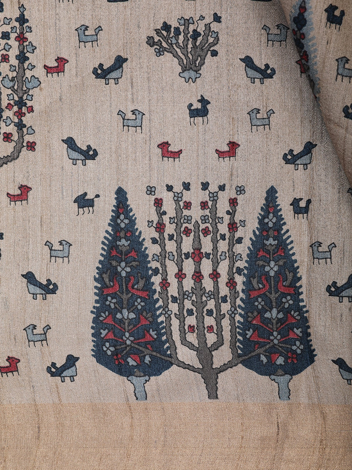 Beige Tree Motif Printed Tussar Silk Saree - Diadem
