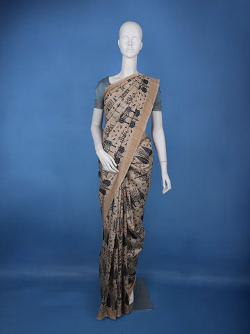Beige Tree Motif Printed Tussar Silk Saree - Diadem