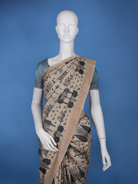 Beige Tree Motif Printed Tussar Silk Saree - Diadem