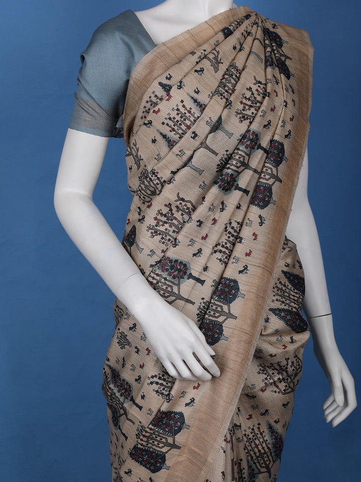 Beige Tree Motif Printed Tussar Silk Saree - Diadem