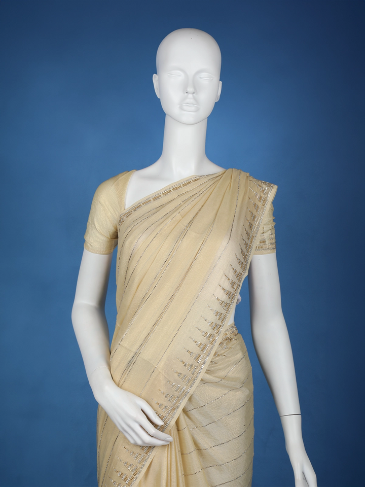 Beige Bead Work Designed Organza Designer Saree - Diadem