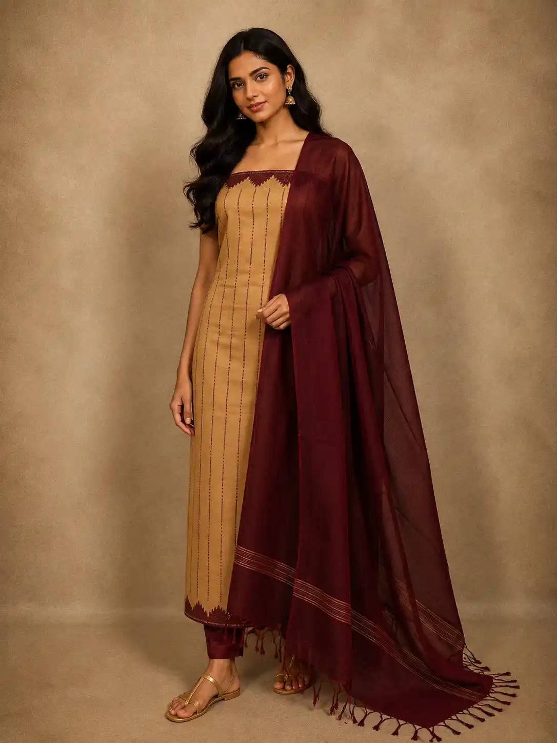 Beige Cream Vertical Striped Design Cotton Unstitched Salwar Material with Contrast Dupatta