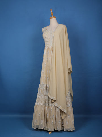 Beige Floral Designed Anarkali Georgette Gown - Diadem