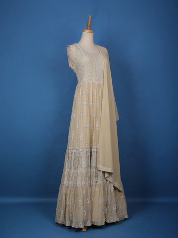 Beige Floral Designed Anarkali Georgette Gown - Diadem