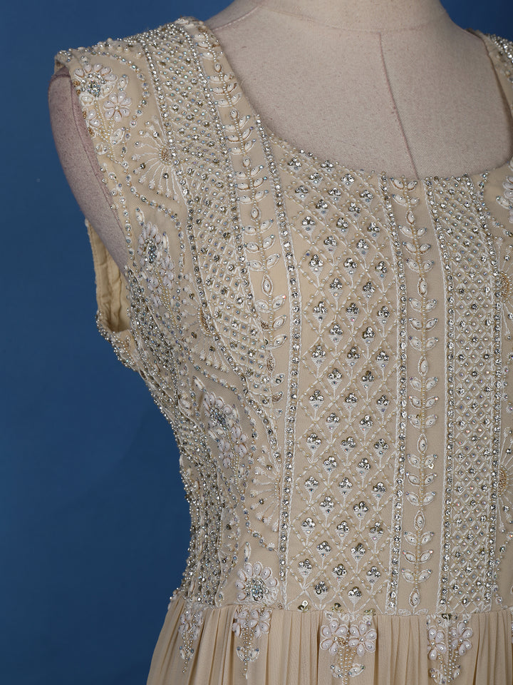 Beige Floral Designed Anarkali Georgette Gown - Diadem