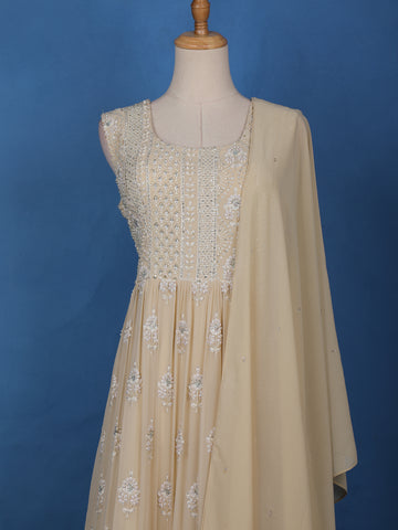 Beige Floral Designed Anarkali Georgette Gown - Diadem
