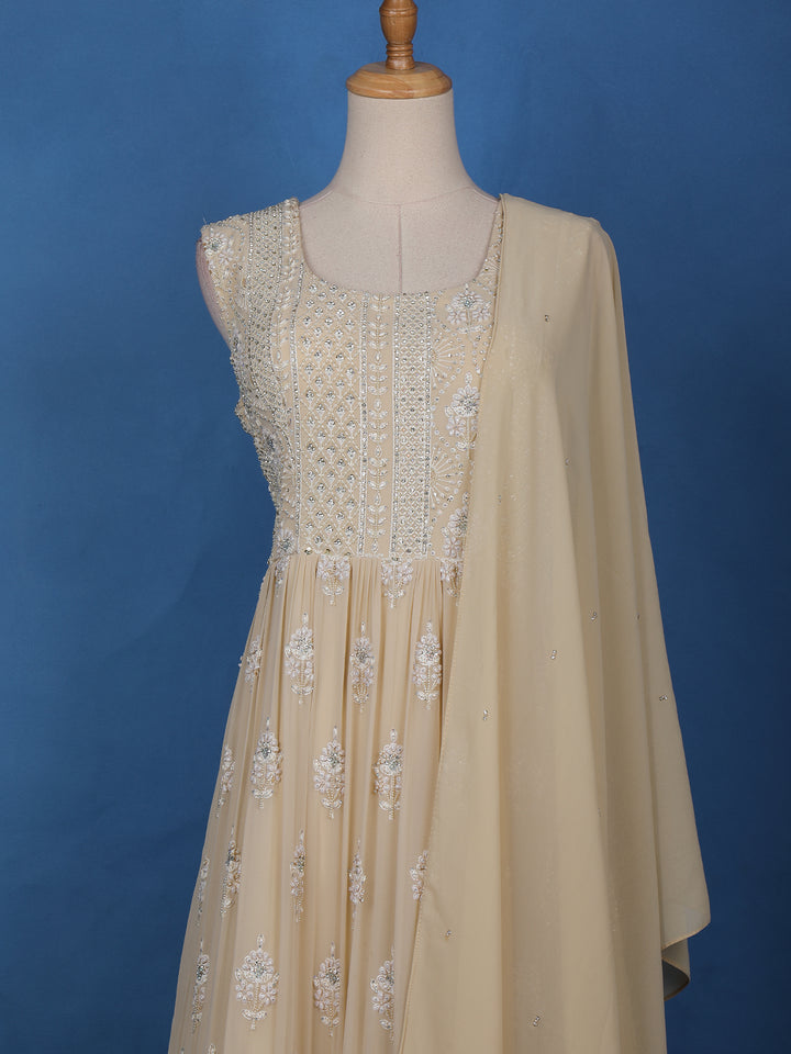 Beige Floral Designed Anarkali Georgette Gown - Diadem