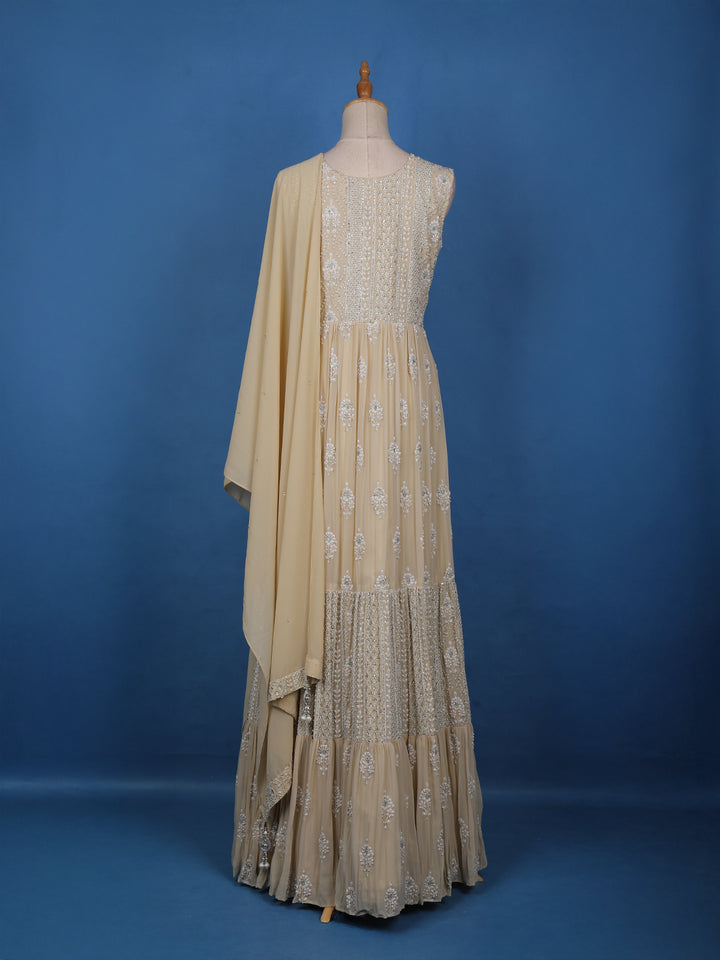 Beige Floral Designed Anarkali Georgette Gown - Diadem