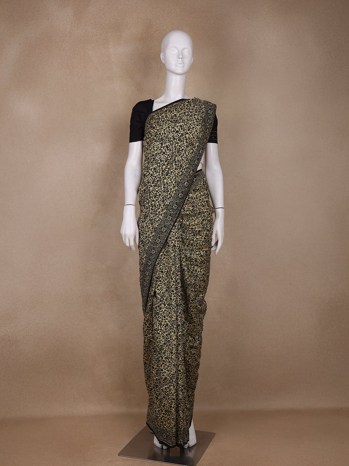 Beige Floral Designed Chanderi Cotton Saree - Diadem