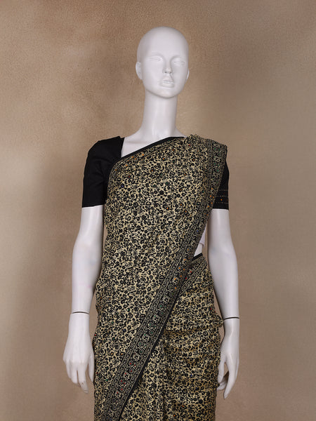 Beige Floral Designed Chanderi Cotton Saree - Diadem