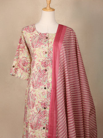 Beige Floral Designed Cotton Salwar Suit - Diadem
