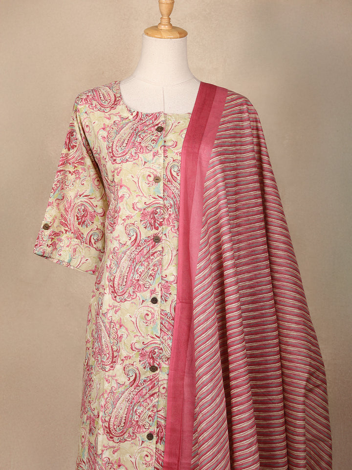 Beige Floral Designed Cotton Salwar Suit - Diadem