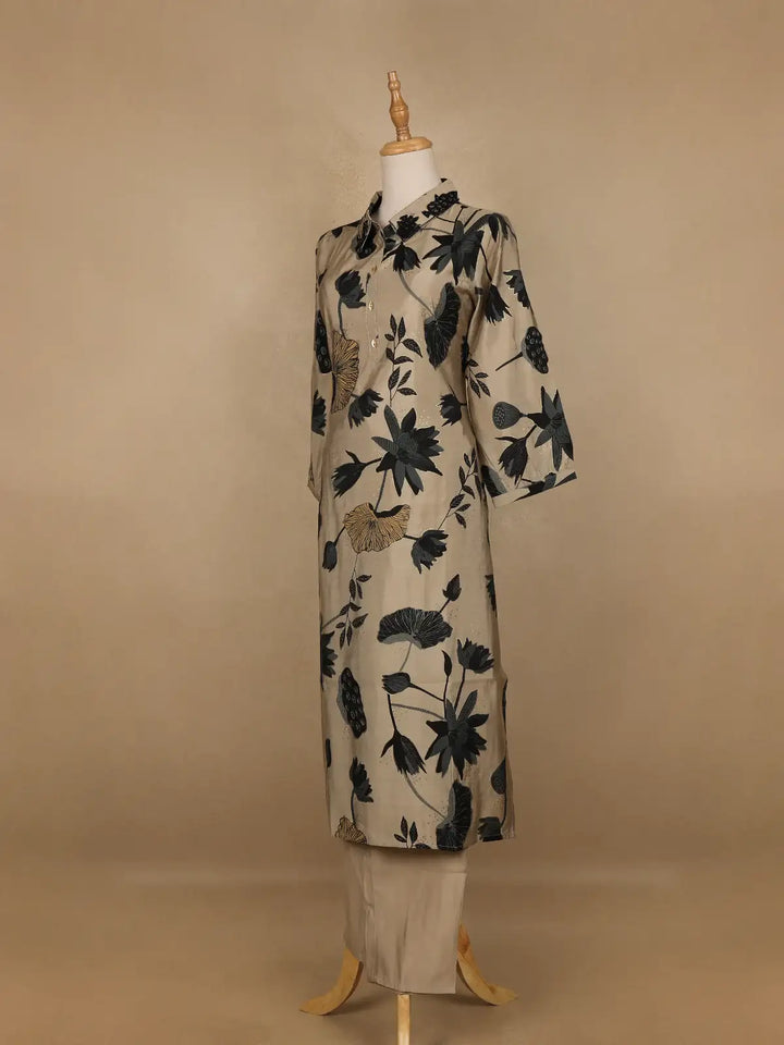 Beige Floral Designed Semi Silk Salwar Suit - Diadem