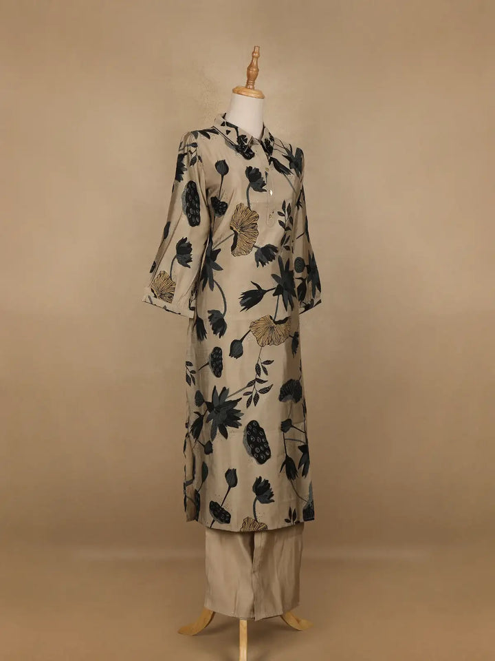Beige Floral Designed Semi Silk Salwar Suit - Diadem