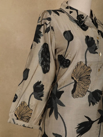 Beige Floral Designed Semi Silk Salwar Suit - Diadem