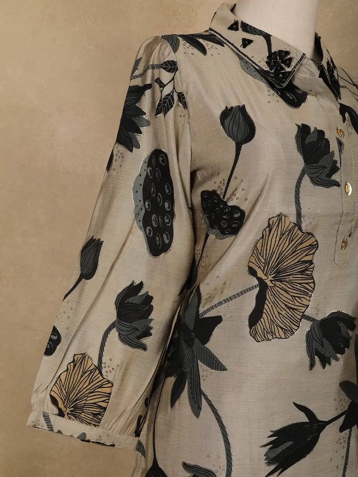 Beige Floral Designed Semi Silk Salwar Suit - Diadem