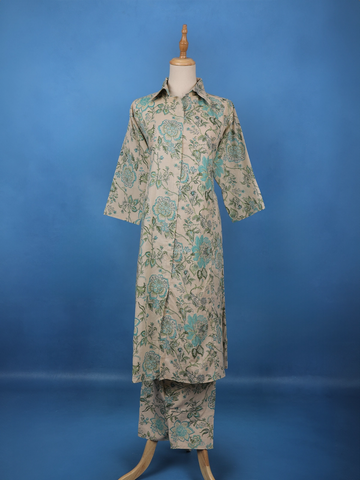 Beige Floral Printed Cotton Salwar Suit - Diadem