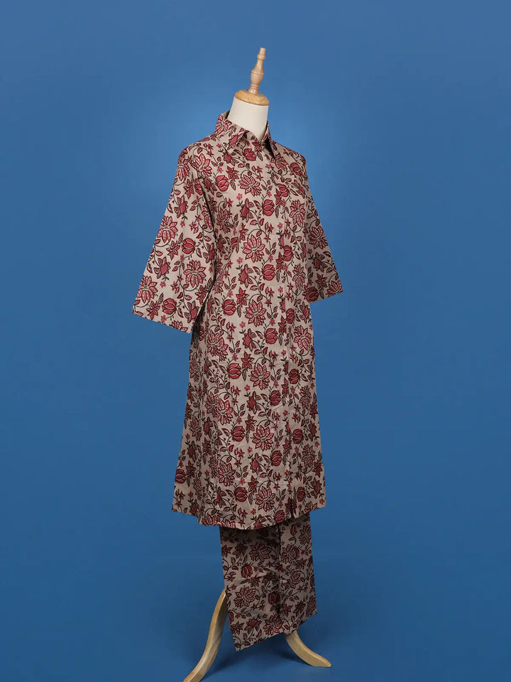 Beige Floral Printed Cotton Shirt Collar Salwar Suit Set - Diadem